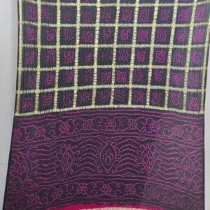 BLACK GAJJI SILK GHARCHOLA SAREE WITH PINK BANDHANI DOTS