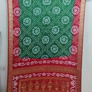 RED GREEN GAJJI BANDHANI SAREE WITH ZARI BORDER PALLU