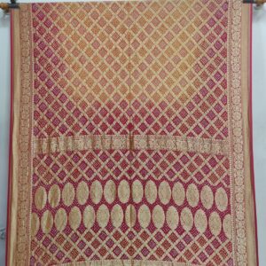 CHERRY AND PEACH KHADDI GEORGETTE BANDHANI SAREE